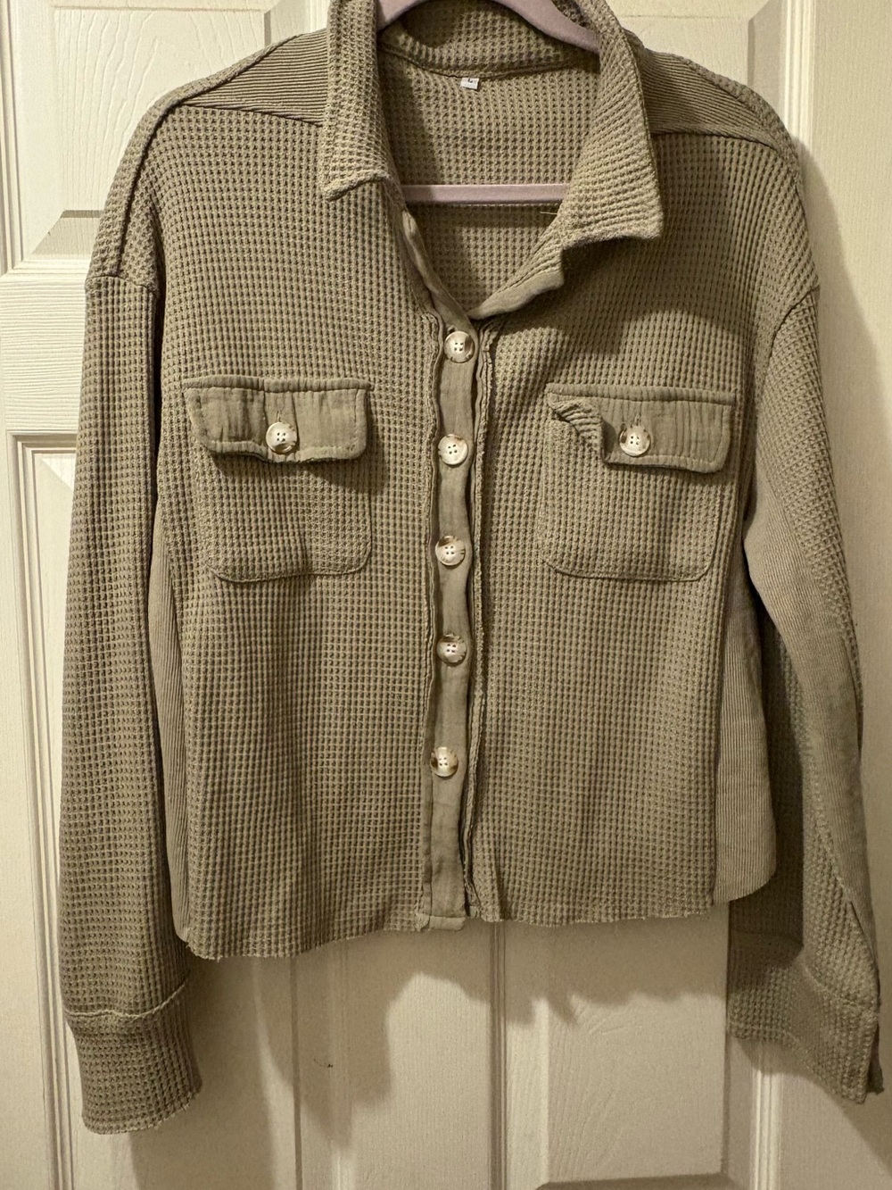 Waffle-Knit Button-Front in Olive